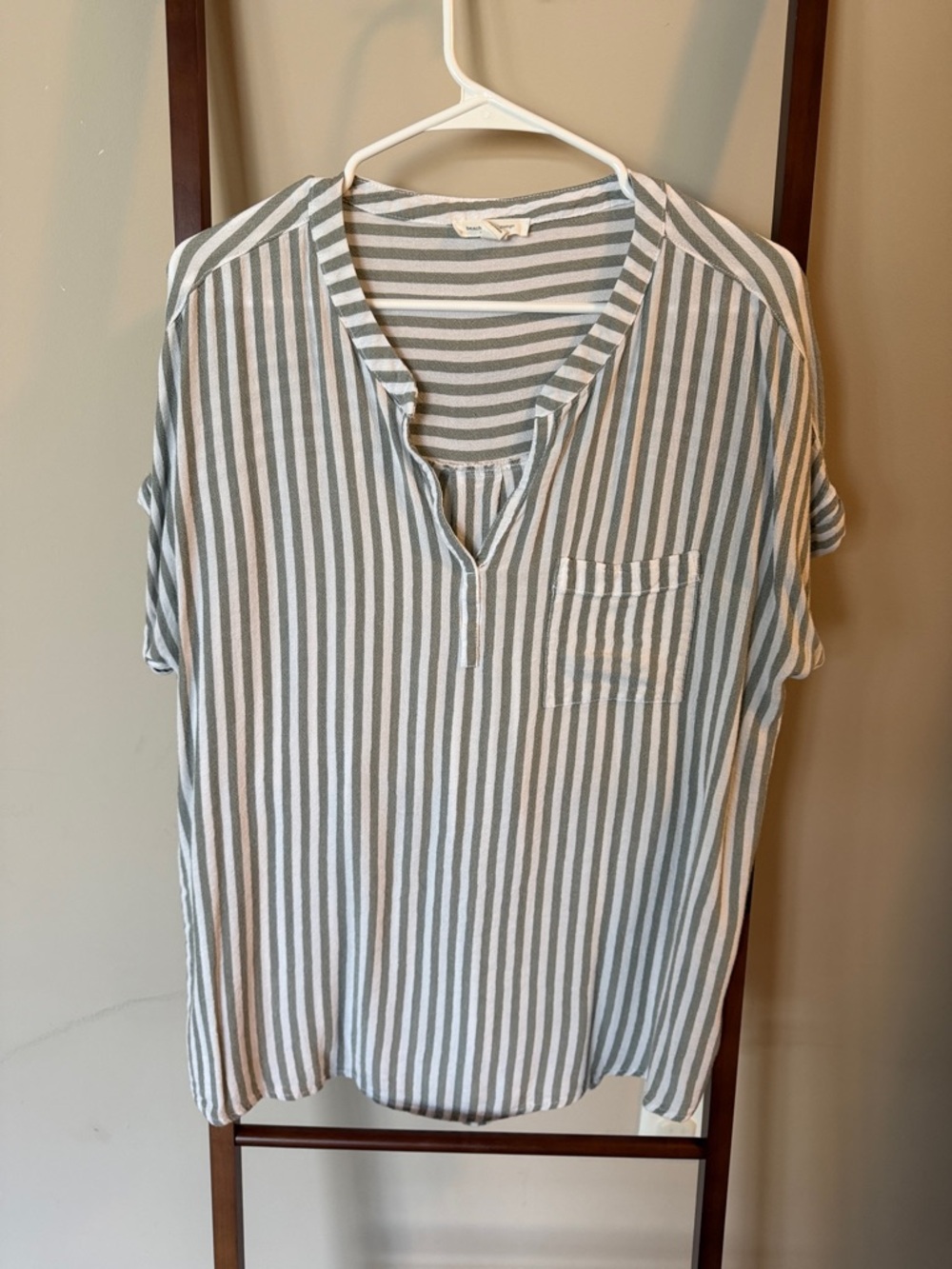 Striped V-Neck Pocket Blouse in Green and White